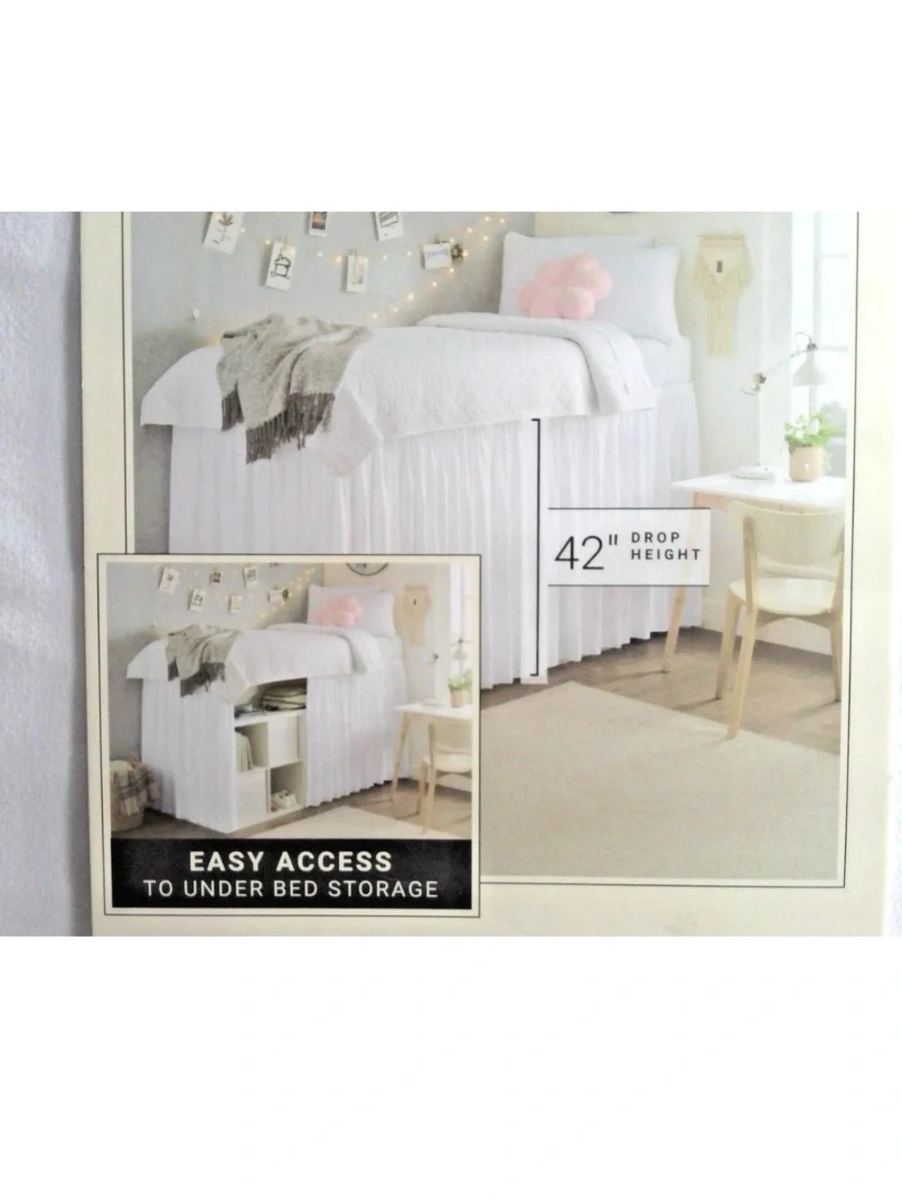Rachel Zoe White Bed Skirt for College Dorm style bed with Pleated Detail